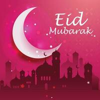 Eid Mubarak, Eid al-Fitr and Ramadan. Vector illustrations of a holiday, an evening mosque with a crescent moon, for a greeting card, banner and background