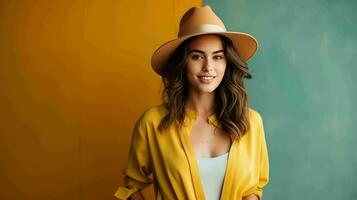 retrato de un hermosa mujer en un sintió sombrero ai generativo foto