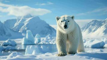 hermosa polar oso con montañas en antecedentes ai generativo foto