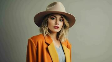 Portrait of a Beautiful Woman in a Felt Hat  Ai Generative photo