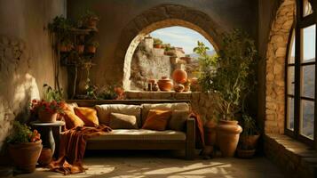 Beautiful Old Room in Mediterranean style with textured walls and warm color tones  Ai Generative photo