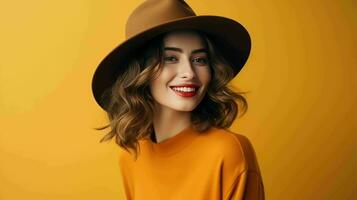 Portrait of a Beautiful Woman in a Felt Hat  Ai Generative photo