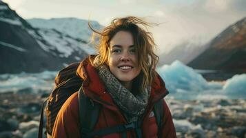 caminante mujer con su mochila, viajar, hermosa montañas ai generativo foto