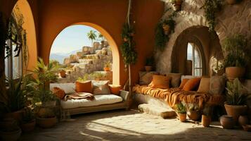 hermosa antiguo habitación en Mediterráneo estilo con texturizado paredes y calentar color tonos ai generativo foto