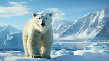 hermosa polar oso con montañas en antecedentes ai generativo foto