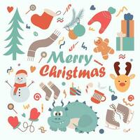 Christmas doodle illustration set. Holiday symbols and elements of the New Year. Flat illustration vector