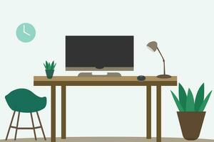 Working from home concept. Computer table with full setup background. Vector illustration.