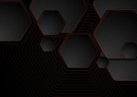 Black hexagons with red lines abstract geometric background vector
