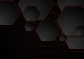 Black hexagons with red lines abstract geometric background vector