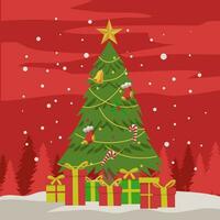 Christmas tree with many gift in the forest vector