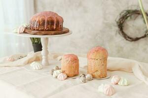 A set table for the celebration of Easter. Cakes and quail eggs on the Easter table. photo