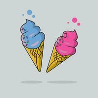 Melting ice cream balls in the waffle cone isolated on white background. Vector flat outline icon