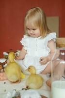 A little girl is sitting on the Easter table and playing with cute fluffy ducklings. The concept of celebrating happy Easter. photo
