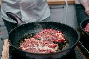 Cooking beef ribeye steak in a frying pan in the cooking class. Steak with spices. Cooking process, close-up. photo
