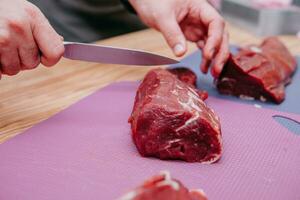 Preparation of raw meat roll. Cooking steaks and meat rolls in the cooking class. Sliced meat on a plate. photo