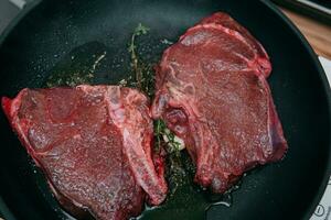 Raw beef meat for cooking steak. Raw beef is sliced, cooking meat for cooking steak in a cooking class. photo