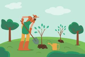 Gardener plants a tree, save nature vector