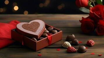 ai generado san valentin día antecedentes fondo de pantalla, chocolate amar, corazones, romántico rosas, generativo ai foto