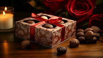 AI generated Valentines day background wallpaper, chocolate love, hearts, romantic roses, Generative AI photo