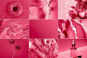 A collage showing the fashionable color of 2023 - Viva Magenta. Trending color 2023. photo