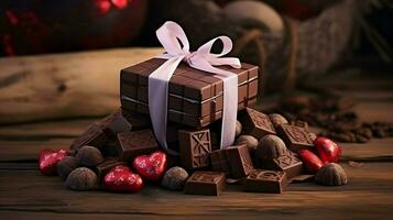 ai generado san valentin día antecedentes fondo de pantalla, chocolate amar, corazones, romántico rosas, generativo ai foto