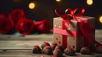 AI generated Valentines day background wallpaper, chocolate love, hearts, romantic roses, Generative AI photo