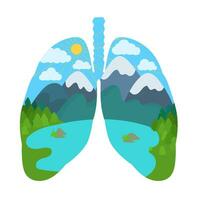 Lungs with mountains and lake. Healthy and medicine or Natural green environment concept. vector