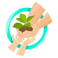 Hands of man and baby holding a young plant. Ecology concept. vector