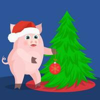 Merry christmas cute pig character and christmas tree vector