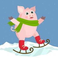 cerdo en un Navidad bufanda en patines vector