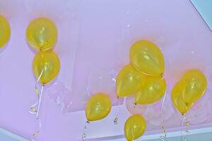 Yellow balls on the ceiling. Registration of children's holidays. Decoration of the hall with balls. photo