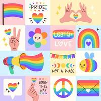 LGBT geometric pattern for greeting cards, posters, wrapping, pack paper. Symbol of the LGBT pride. Set of LGBT pride or Rainbow elements in various shapes design. LGBT flag or Rainbow flag. vector