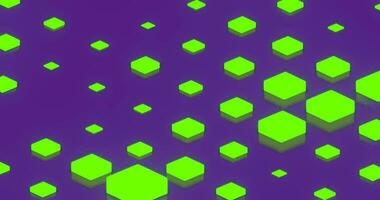 Simple animation of scaled cubes with green glow color, purple background, small big cubes animation, neon color. video