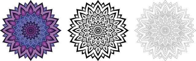 Collection of purple chakra mandala ornamental decoration pattern vector. Set of isolated cut out african floral henna pattern in black and white outline for coloring book. vector