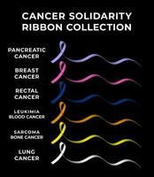 Cancer awareness ribbon collection in 3d. Pink breast cancer, blue ribbon colon rectal, orange color leukemia blood cancer, purple ribbon pancreatic, yellow sarcoma bone cancer, white lung cancer vector
