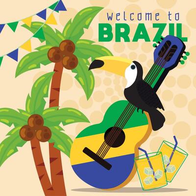 Colored brazil carnival poster with guitar and toucan Vector illustration