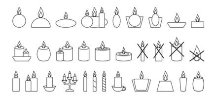 Vector set candles icons Black stroke line Candles symbol rectangular, round, trapezoid. Crossed out