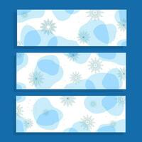 Set three winter horizontal banners. Vector background. Snowflakes, dots, transparent shapes.