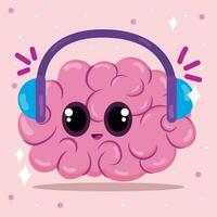 Cute brain cartoon character with headphones Vector illustration