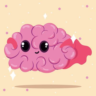 Cute brain cartoon character with a superhero cap Vector illustration