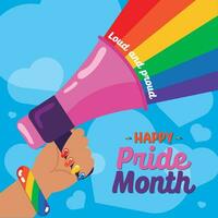 Hand holding a megaphone Happy pride month poster Vector illustration