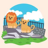 Cute lion and lioness on an open zoo Vector illustration