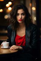un hermosa niña es sentado con café en un restaurante ai generado foto