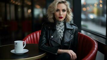 A Beautiful Girl is Sitting With Coffee in a Restaurant AI Generated photo