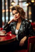 A Beautiful Girl is Sitting With Coffee in a Restaurant AI Generated photo