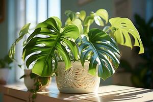 cerca arriba de un monstera en un blanco habitación ai generado foto