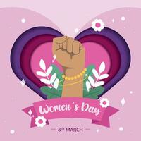 Isolated raise hand gesture with leaves Happy women day poster Vector illustration