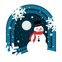 Isolated winter paper art banner with snowman character Vector illustration