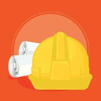 Engineer helmet and a pair of scrolled papers Vector illustration