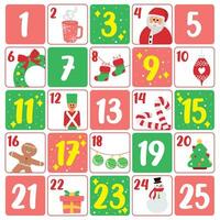 Colored christmas advent calendar with different traditional objects Vector illustration